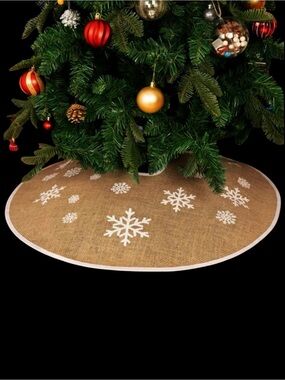 Rustic Burlap Christmas Tree Skirt – 48” Snowflake Farmhouse Style – NWT